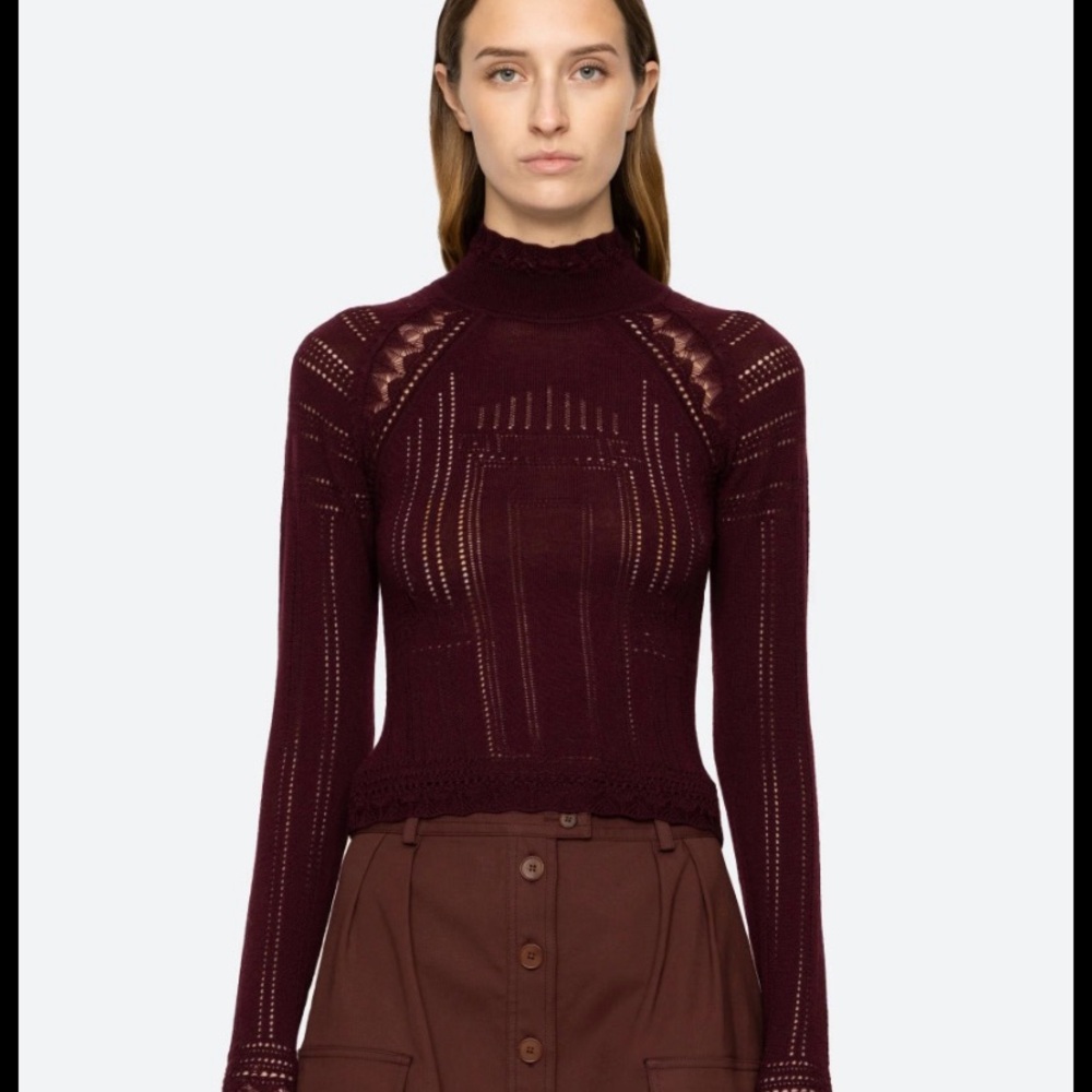 Sea New York Deep Burgundy Knit Top, with pointelle detail. 100% Merino wool.